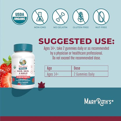 MaryRuth's Hair Skin and Nail Vitamins | USDA Organic | 2500 mcg Biotin Gummies with Vitamin C & Vitamin E | Hair Growth Vitamins | Skin Care | Nail Growth | Ages 14+ | 60 Count | 3 Pack