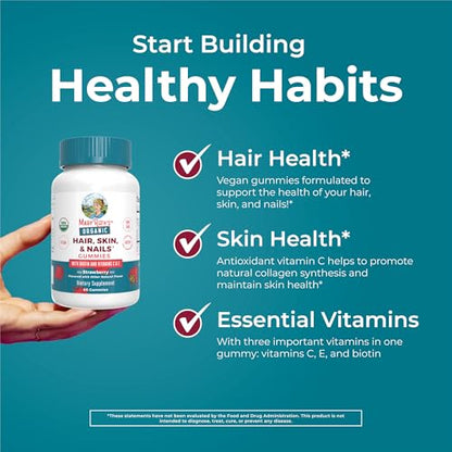 MaryRuth's Hair Skin and Nail Vitamins | USDA Organic | 2500 mcg Biotin Gummies with Vitamin C & Vitamin E | Hair Growth Vitamins | Skin Care | Nail Growth | Ages 14+ | 60 Count | 3 Pack