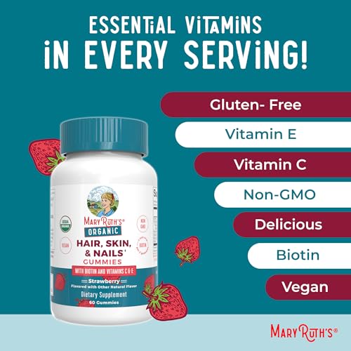 MaryRuth's Hair Skin and Nail Vitamins | USDA Organic | 2500 mcg Biotin Gummies with Vitamin C & Vitamin E | Hair Growth Vitamins | Skin Care | Nail Growth | Ages 14+ | 60 Count | 3 Pack