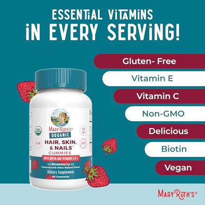 MaryRuth's Hair Skin and Nail Vitamins | USDA Organic | 2500 mcg Biotin Gummies with Vitamin C & Vitamin E | Hair Growth Vitamins | Skin Care | Nail Growth | Ages 14+ | 60 Count | 3 Pack