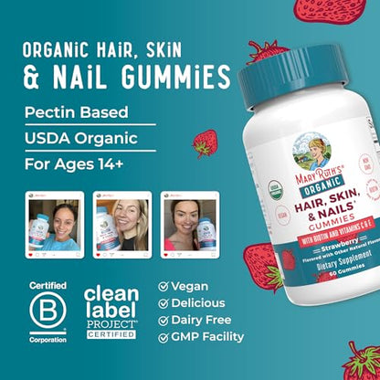 MaryRuth's Hair Skin and Nail Vitamins | USDA Organic | 2500 mcg Biotin Gummies with Vitamin C & Vitamin E | Hair Growth Vitamins | Skin Care | Nail Growth | Ages 14+ | 60 Count | 3 Pack
