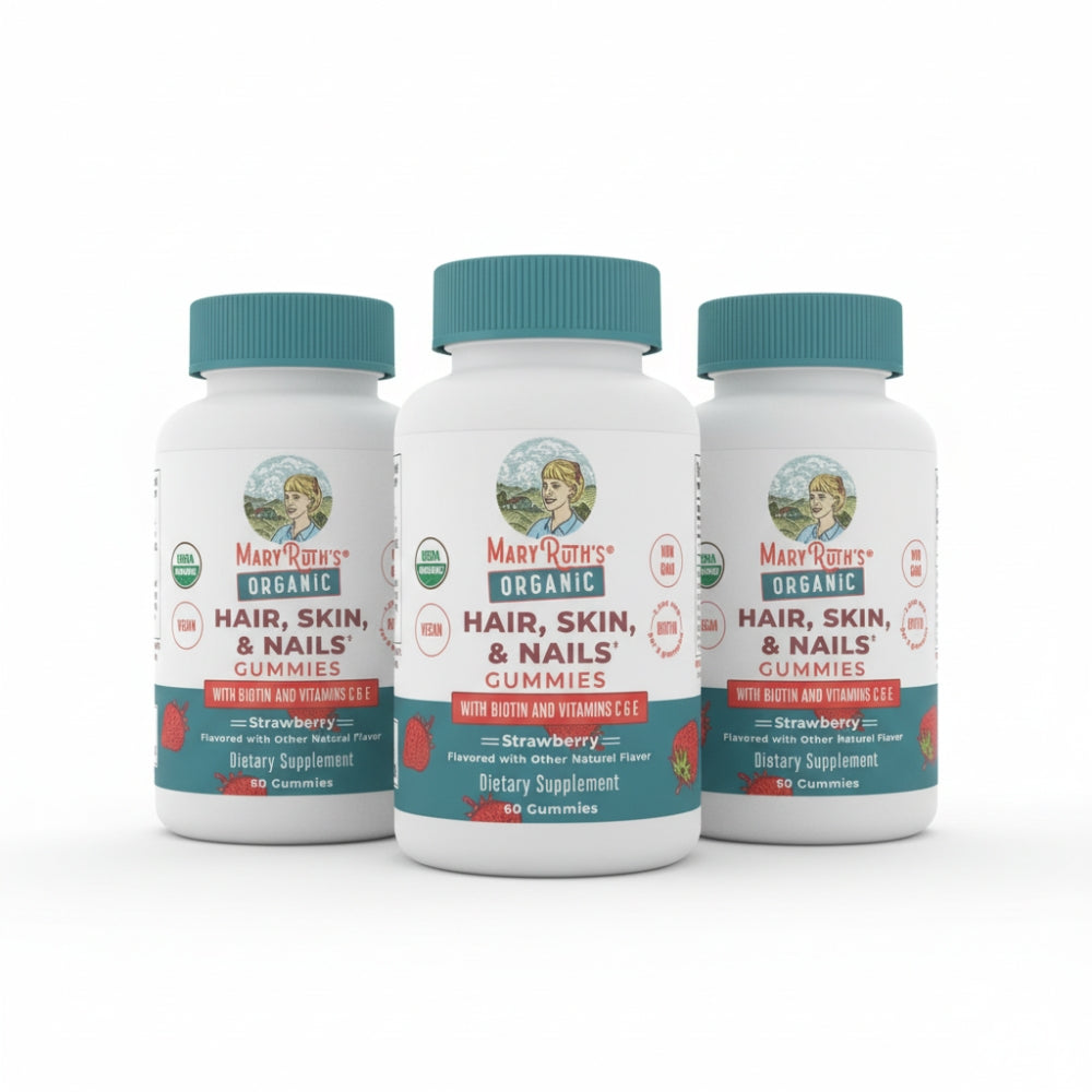MaryRuth's Hair Skin and Nail Vitamins | USDA Organic | 2500 mcg Biotin Gummies with Vitamin C & Vitamin E | Hair Growth Vitamins | Skin Care | Nail Growth | Ages 14+ | 60 Count | 3 Pack