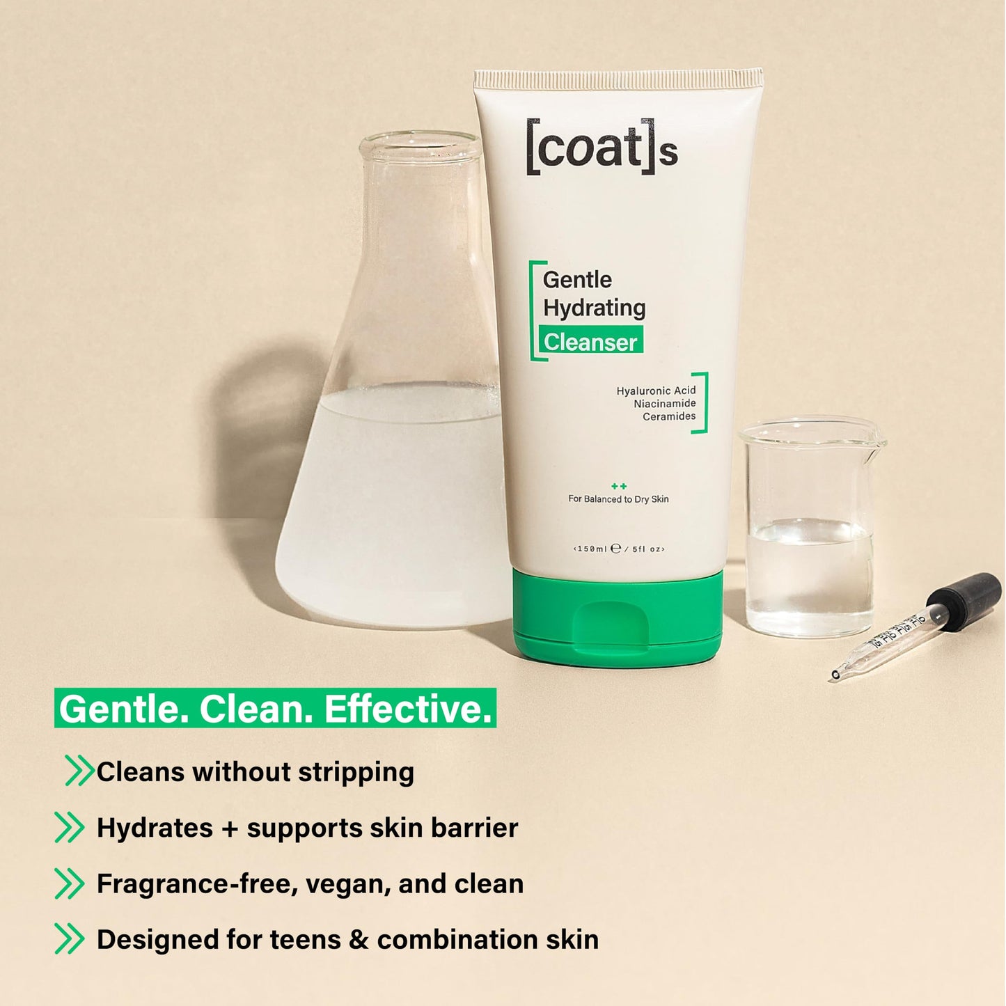 COATS Gentle Hydrating Cleanser [5oz] – Moisturizing Face Wash w/Hyaluronic Acid – Preppy Skincare- Fragrance-Free, Vegan, Clean Skincare for Teens, Combo to Dry Skin - 30 Day Supply