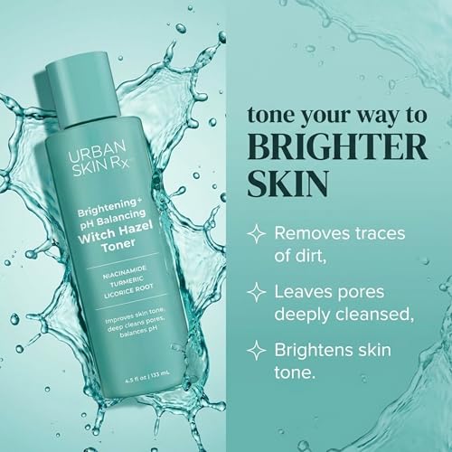 Urban Skin Rx Witch Hazel Brightening & pH Balancing Toner, Exfoliated & Clarifies Clogged Pores, Improves the Appearance of Uneven Skin Tone, Reduces Redness & Brightens Dull Complexions, 4.5 Fl Oz