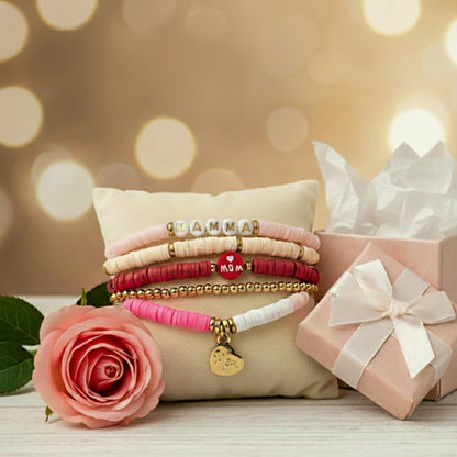 5pc Creative Home Mama Mom Heishi Bead Bracelet Stack Pink Gold Heart Charm Set