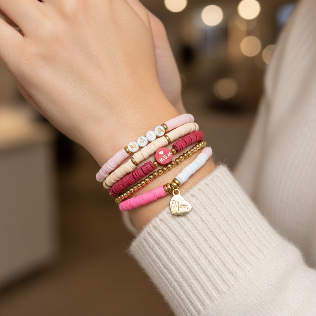 5pc Creative Home Mama Mom Heishi Bead Bracelet Stack Pink Gold Heart Charm Set