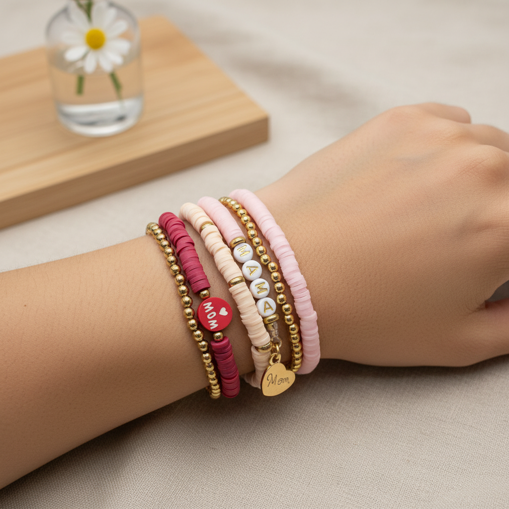 5pc Creative Home Mama Mom Heishi Bead Bracelet Stack Pink Gold Heart Charm Set