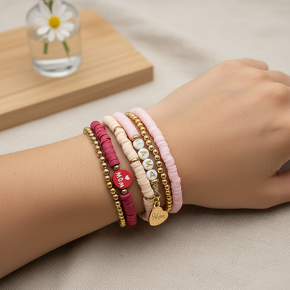 5pc Creative Home Mama Mom Heishi Bead Bracelet Stack Pink Gold Heart Charm Set