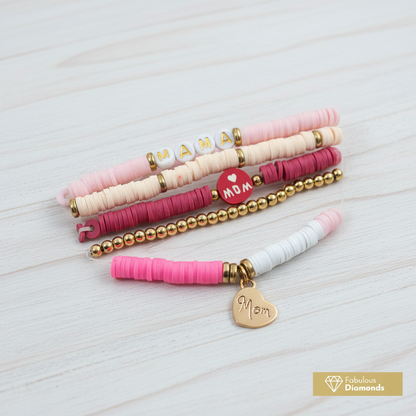 5pc Creative Home Mama Mom Heishi Bead Bracelet Stack Pink Gold Heart Charm Set