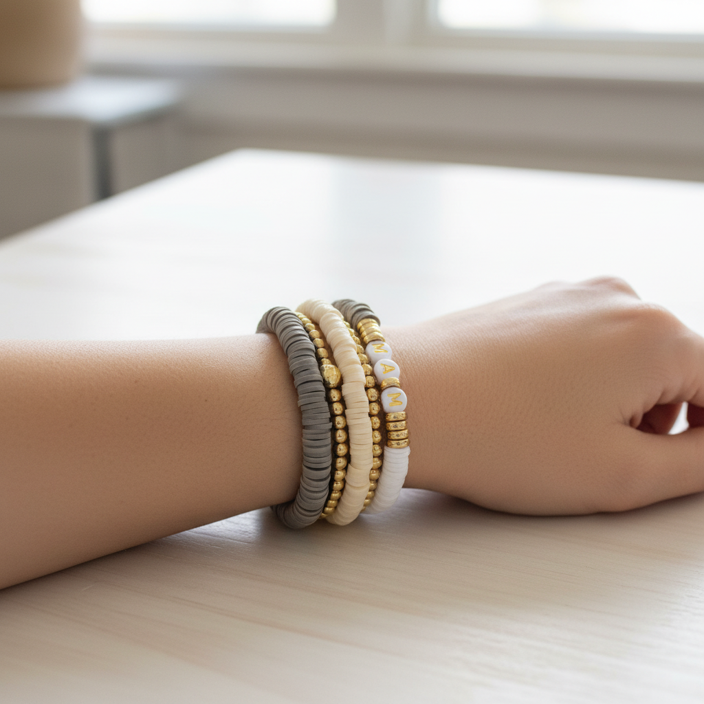 MAMA 5pc Bracelet Set Gold Beaded Heishi Stackable Creative Home & Kitchen