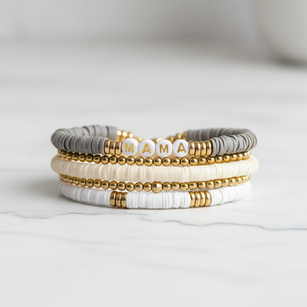 MAMA 5pc Bracelet Set Gold Beaded Heishi Stackable Creative Home & Kitchen