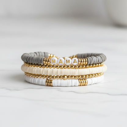 MAMA 5pc Bracelet Set Gold Beaded Heishi Stackable Creative Home & Kitchen
