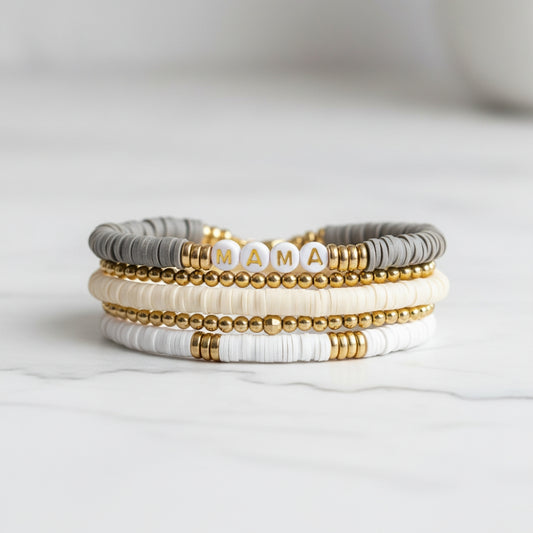MAMA 5pc Bracelet Set Gold Beaded Heishi Stackable Creative Home & Kitchen