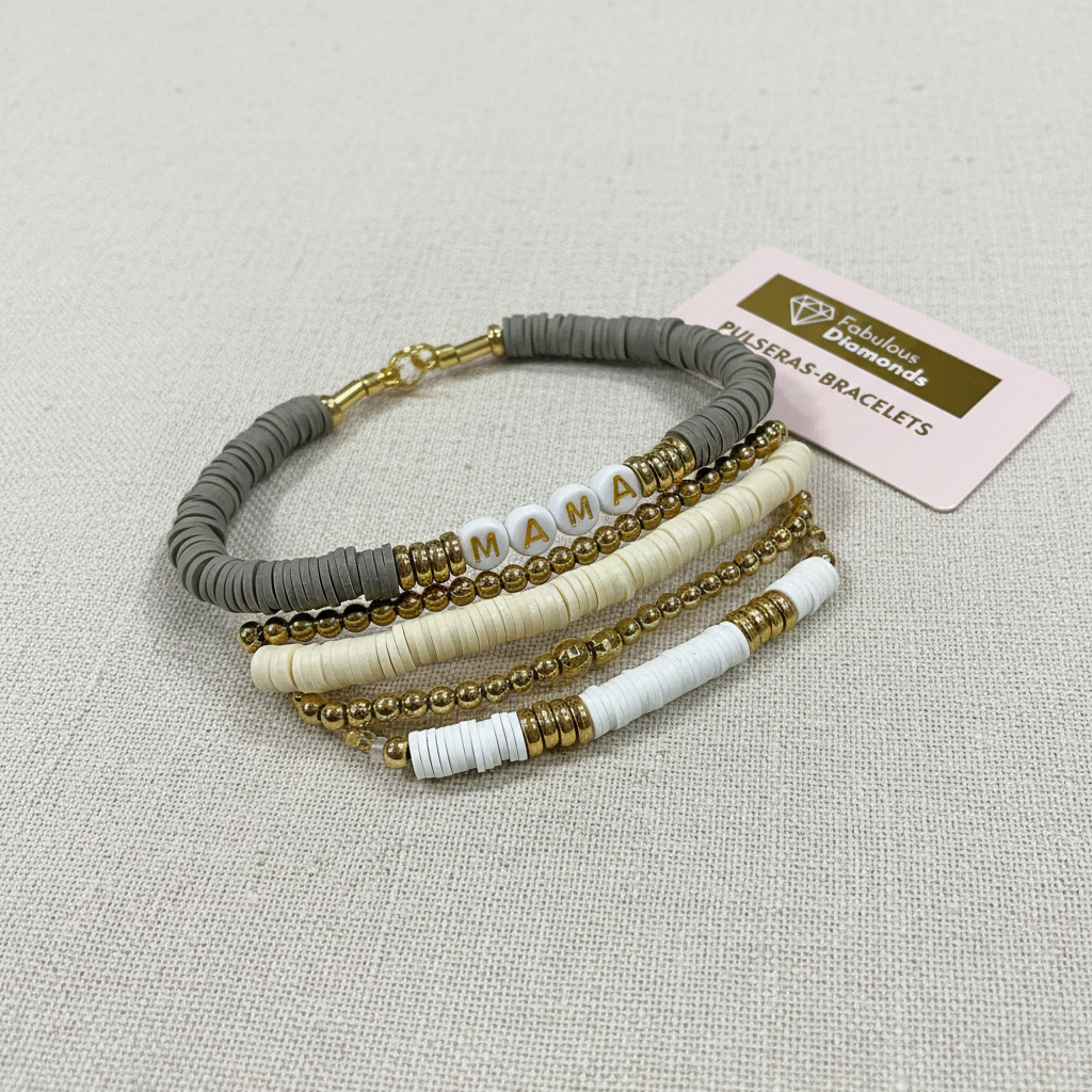 MAMA 5pc Bracelet Set Gold Beaded Heishi Stackable Creative Home & Kitchen