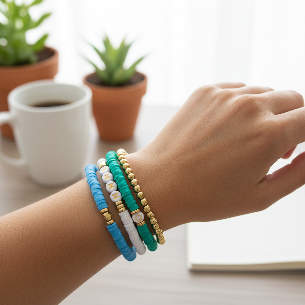 5pc Mama Bracelet Set Teal Turquoise Gold Bead Fabulous Diamonds Gift Jewelry