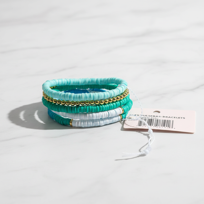5pc Mama Bracelet Set Teal Turquoise Gold Bead Fabulous Diamonds Gift Jewelry
