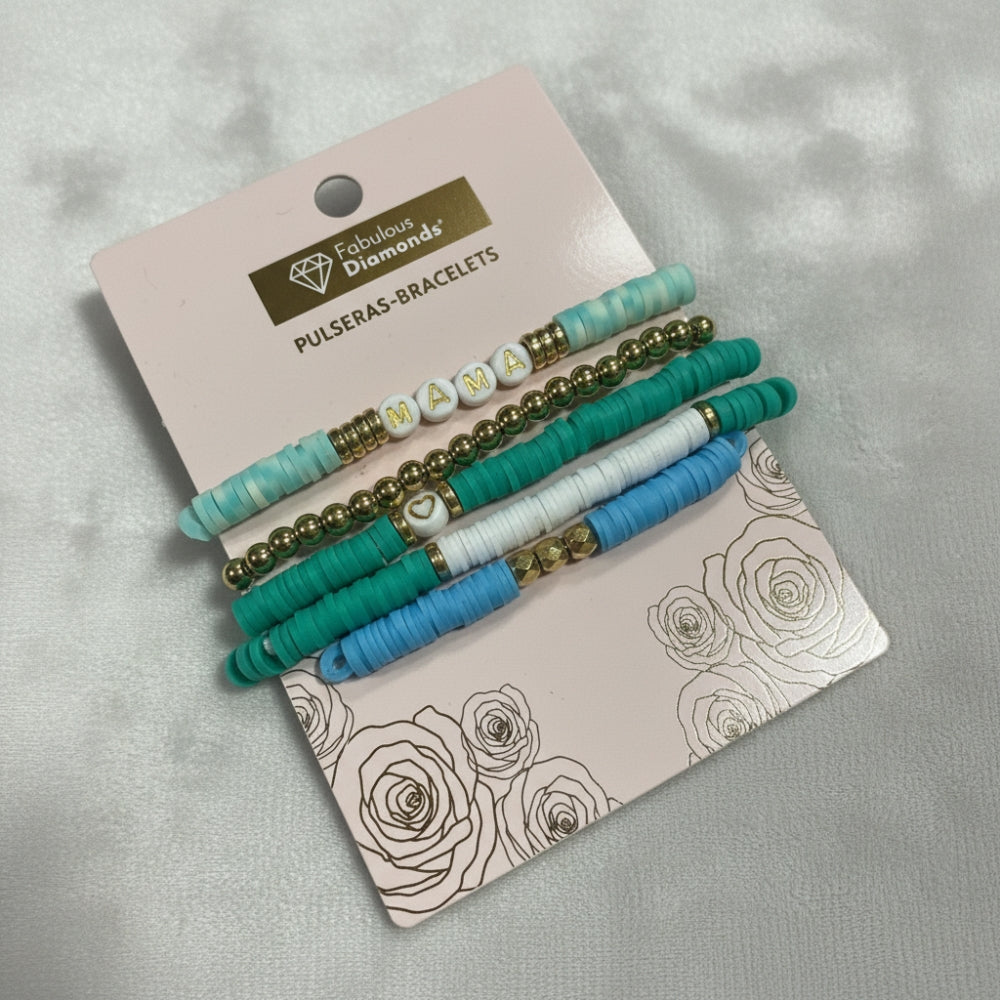 5pc Mama Bracelet Set Teal Turquoise Gold Bead Fabulous Diamonds Gift Jewelry