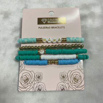 5pc Mama Bracelet Set Teal Turquoise Gold Bead Fabulous Diamonds Gift Jewelry