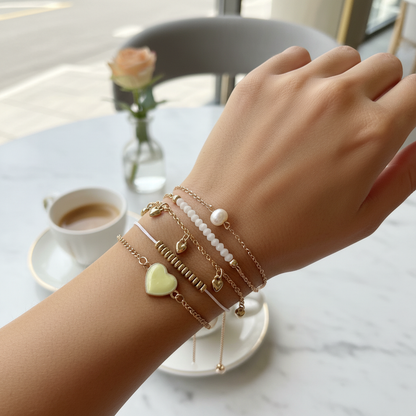 Set of 5 Gold White Layered Bracelets Heart Charm Pearl Beaded Jewelry for Women