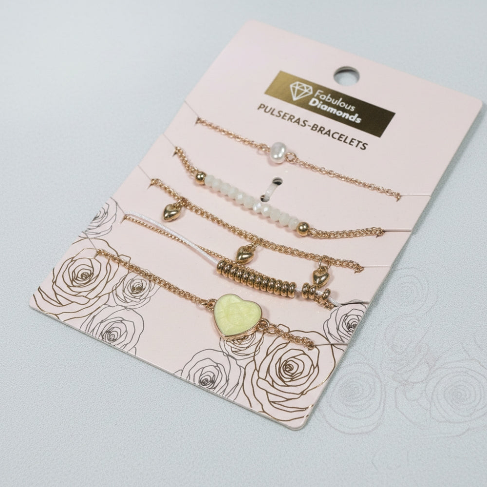 Set of 5 Gold White Layered Bracelets Heart Charm Pearl Beaded Jewelry for Women