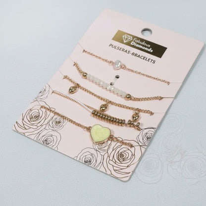 Set of 5 Gold White Layered Bracelets Heart Charm Pearl Beaded Jewelry for Women