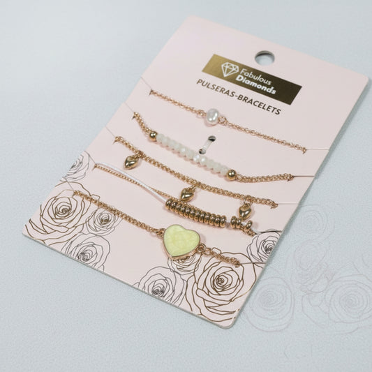 Set of 5 Gold White Layered Bracelets Heart Charm Pearl Beaded Jewelry for Women