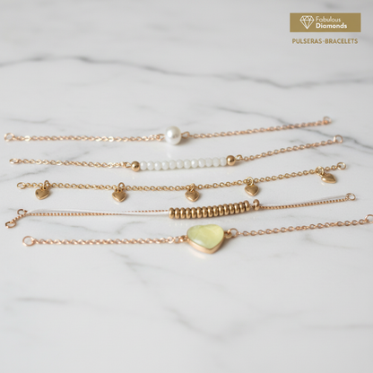 Set of 5 Gold White Layered Bracelets Heart Charm Pearl Beaded Jewelry for Women
