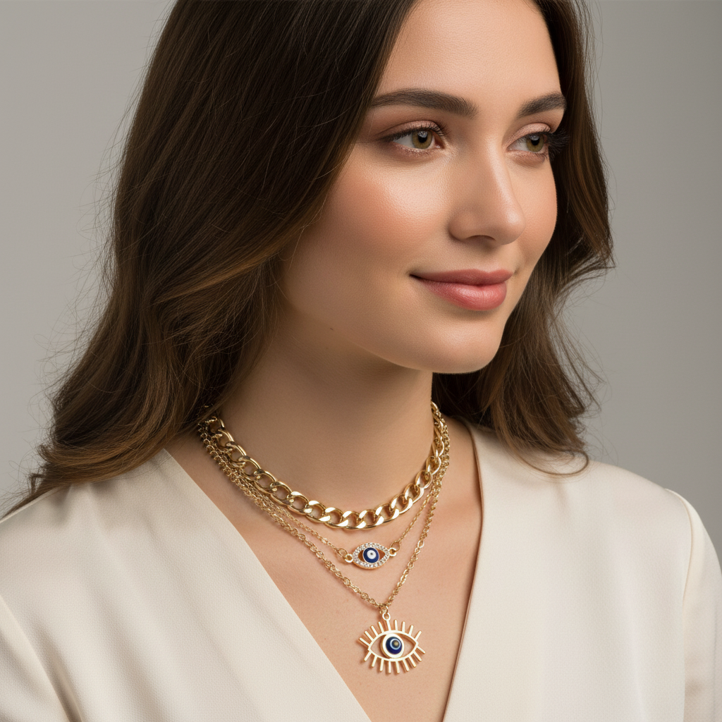 Evil Eye 3-Layer Gold Necklace Set Triple Tier Protection Jewelry Curb Chain