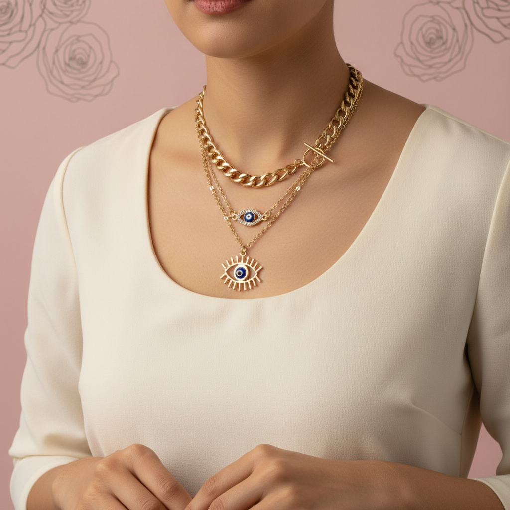 Evil Eye 3-Layer Gold Necklace Set Triple Tier Protection Jewelry Curb Chain