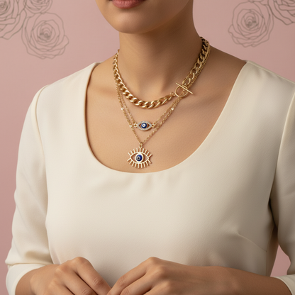 Evil Eye 3-Layer Gold Necklace Set Triple Tier Protection Jewelry Curb Chain