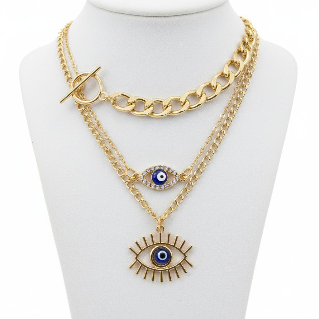 Evil Eye 3-Layer Gold Necklace Set Triple Tier Protection Jewelry Curb Chain