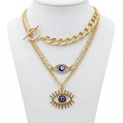 Evil Eye 3-Layer Gold Necklace Set Triple Tier Protection Jewelry Curb Chain