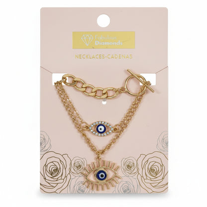 Evil Eye 3-Layer Gold Necklace Set Triple Tier Protection Jewelry Curb Chain