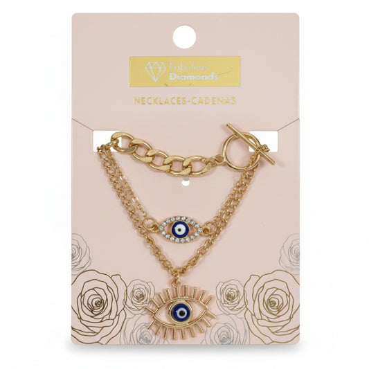 Evil Eye 3-Layer Gold Necklace Set Triple Tier Protection Jewelry Curb Chain