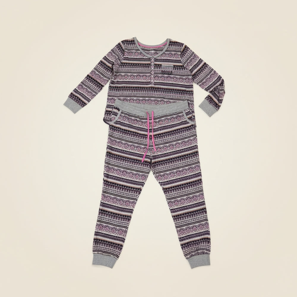 Cuddl Duds Women's Henley Pajama Set Fair Isle Purple Gray Top L Bottom XL NWOT