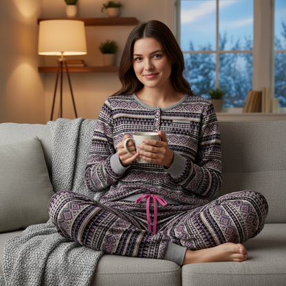 Cuddl Duds Women's Henley Pajama Set Fair Isle Purple Gray Top L Bottom XL NWOT