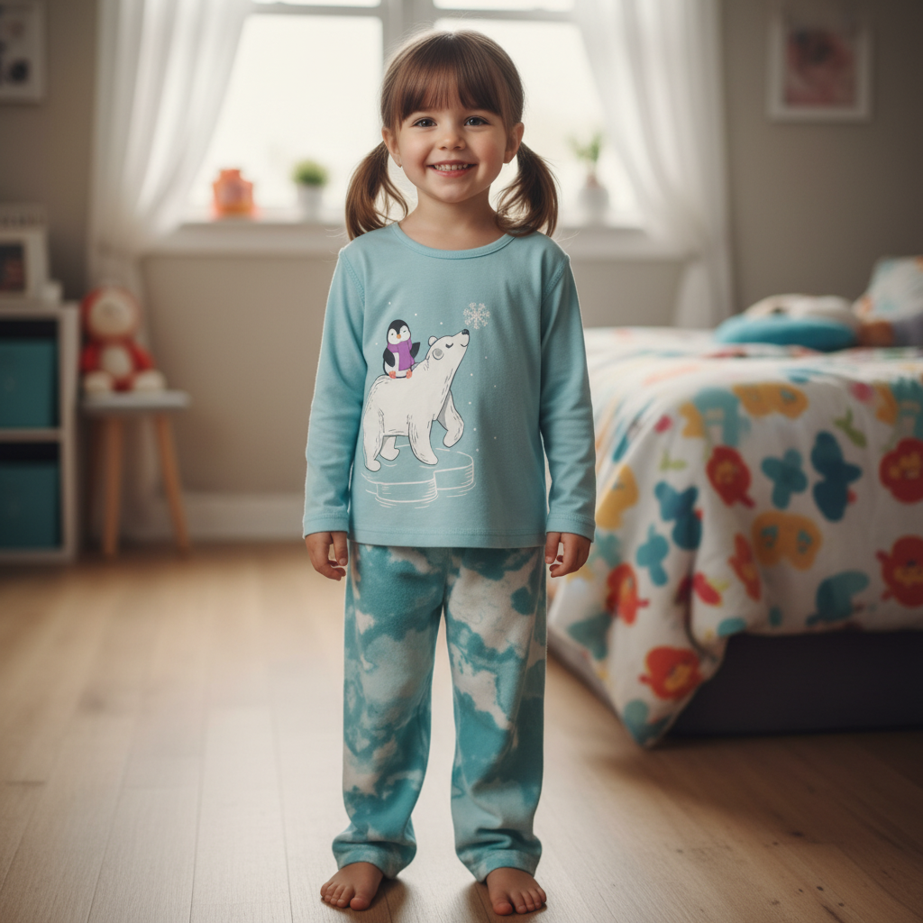 Cuddl Duds Girls Pajama Set Size XS 4/5 Blue Polar Bear Penguin 2-Pc NWT Fleece