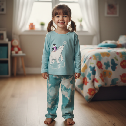Cuddl Duds Girls Pajama Set Size XS 4/5 Blue Polar Bear Penguin 2-Pc NWT Fleece