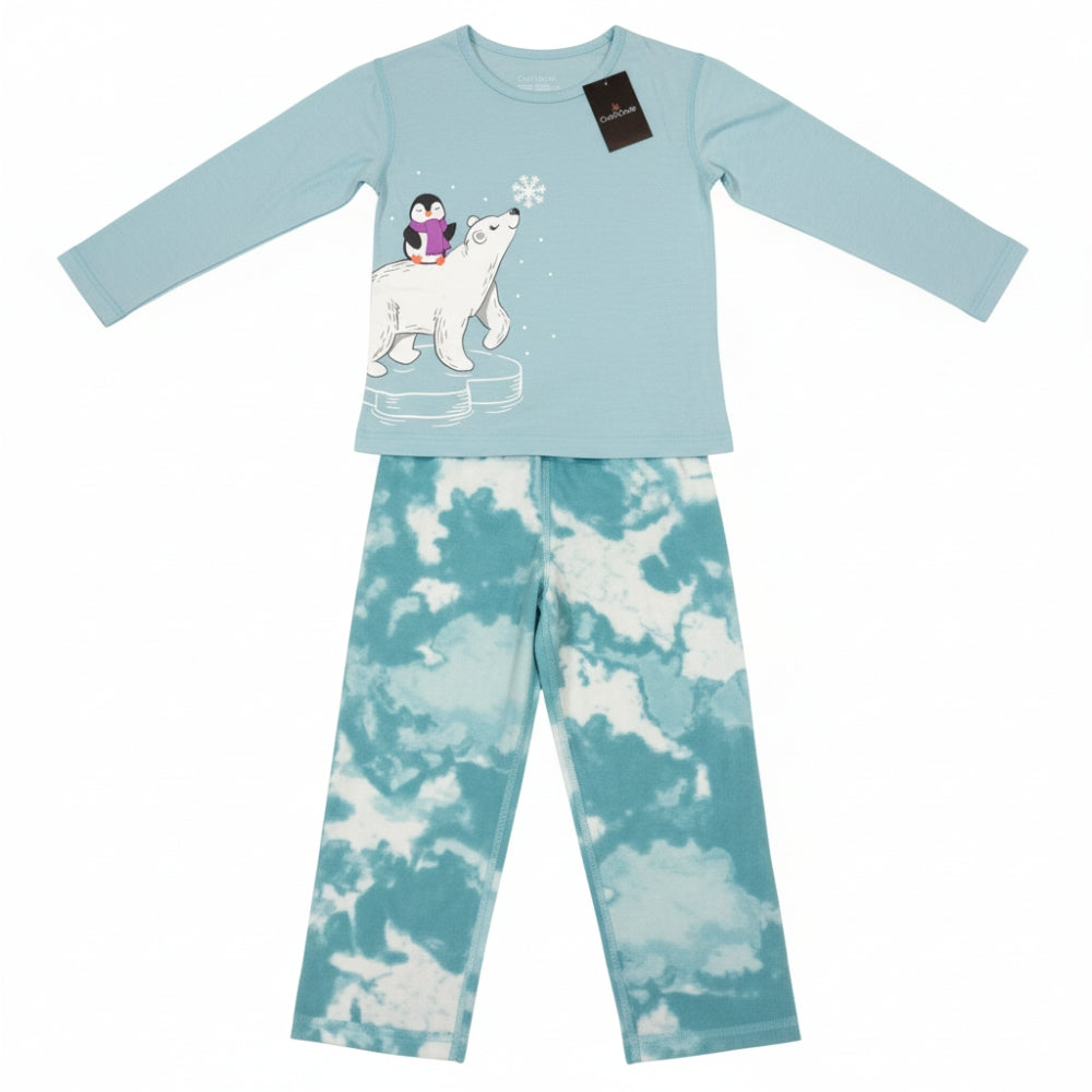 Cuddl Duds Girls Pajama Set Size XS 4/5 Blue Polar Bear Penguin 2-Pc NWT Fleece