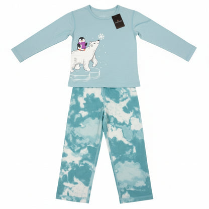 Cuddl Duds Girls Pajama Set Size XS 4/5 Blue Polar Bear Penguin 2-Pc NWT Fleece