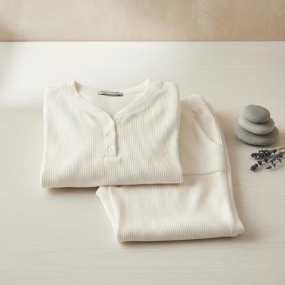 Jaclyn Intimates XL Ribbed Henley Pajama Set Loungewear Bone Cozy Nights 2pc