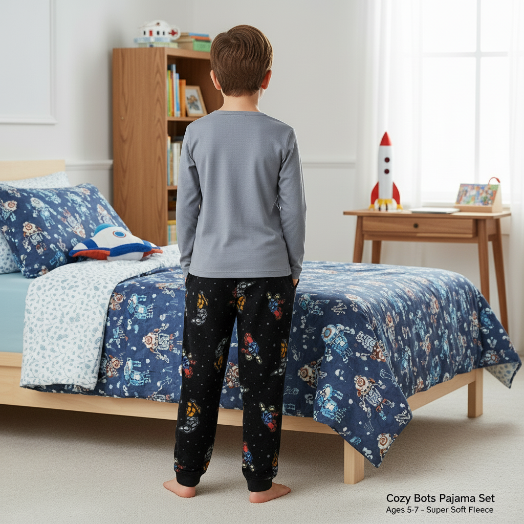 Cuddl Duds Boys Pajama Set Size M 8 Fleece Grey Top spaceman Print Pants NWT
