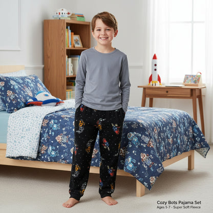 Cuddl Duds Boys Pajama Set Size M 8 Fleece Grey Top spaceman Print Pants NWT