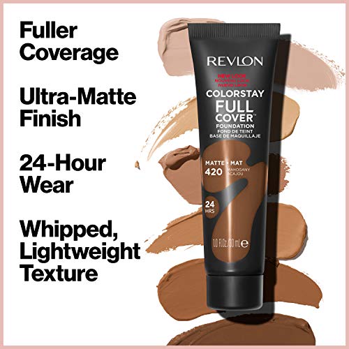 Revlon ColorStay Full Cover Longwear Matte Foundation, Heat & Sweat Resistant Lightweight Face Makeup, Early Tan (390), 1.0 oz