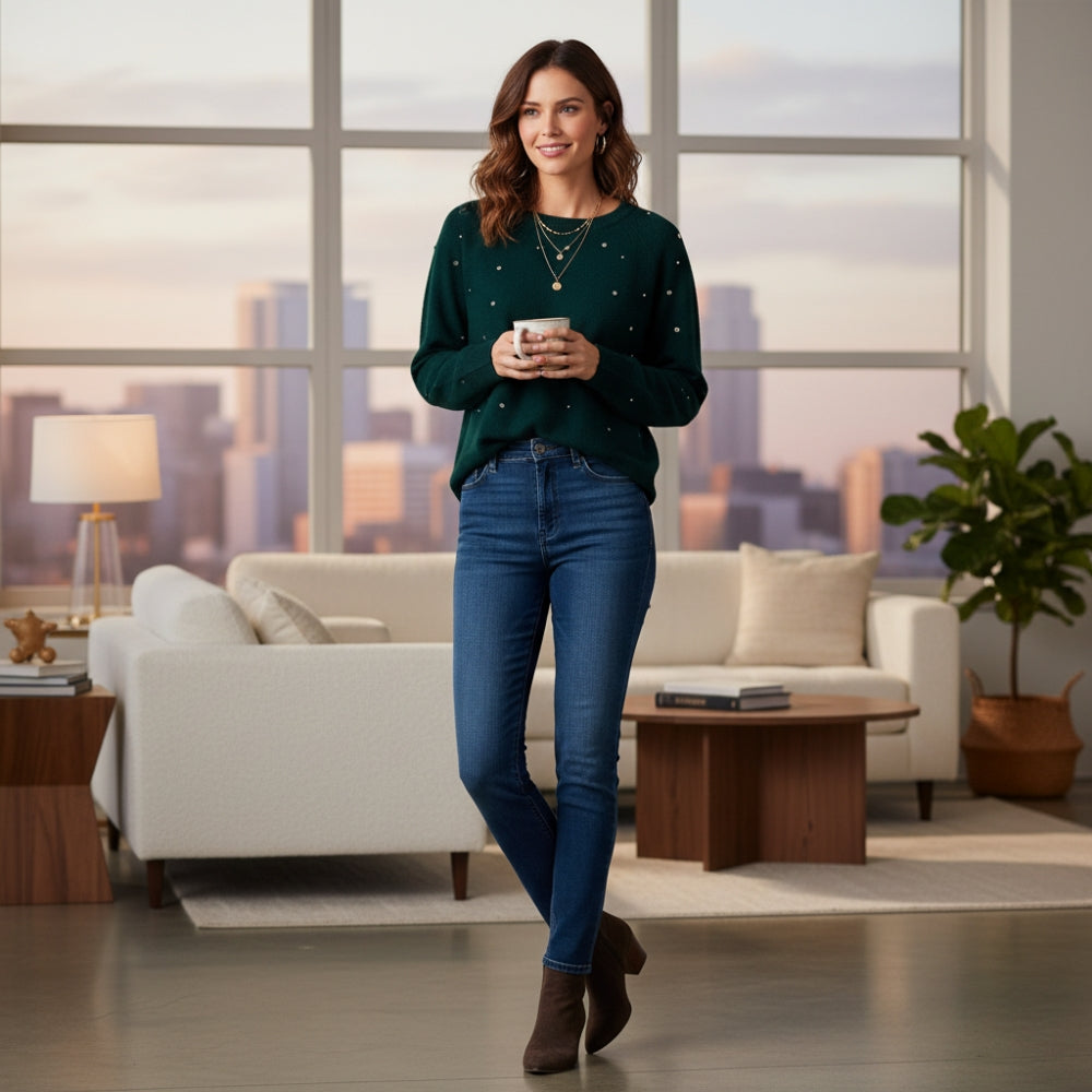 Draper James Women's XXL Embellished Rhinestone Crewneck Sweater Dark Green Pullover