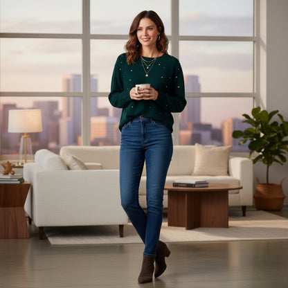 Draper James Women's XXL Embellished Rhinestone Crewneck Sweater Dark Green Pullover