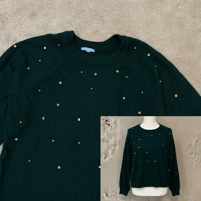 Draper James Women's XXL Embellished Rhinestone Crewneck Sweater Dark Green Pullover