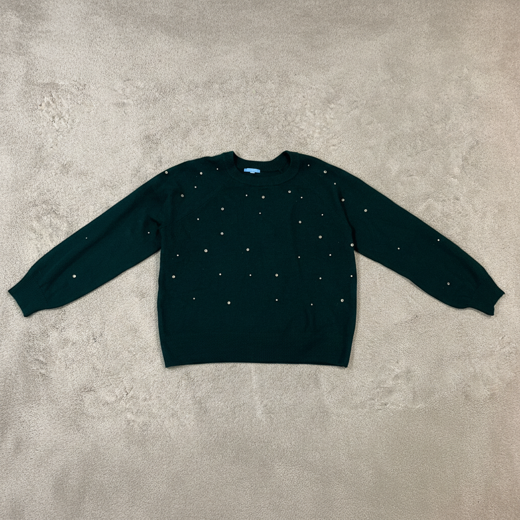 Draper James Women's XXL Embellished Rhinestone Crewneck Sweater Dark Green Pullover