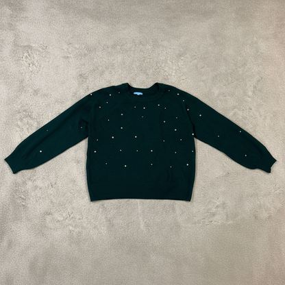 Draper James Women's XXL Embellished Rhinestone Crewneck Sweater Dark Green Pullover