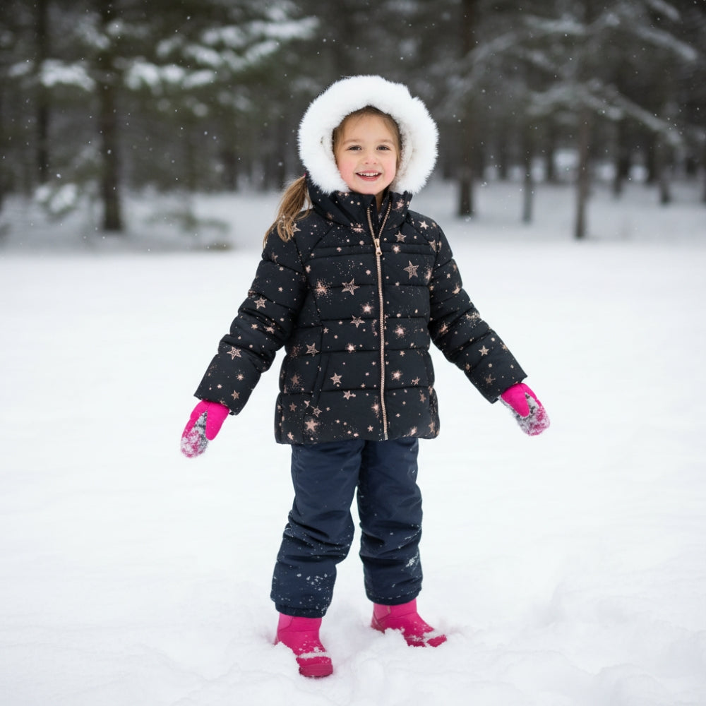 ZeroXposur Girls Puffer Jacket Black Gold Foil Stars Faux Fur Hood NWOT Size 4/5